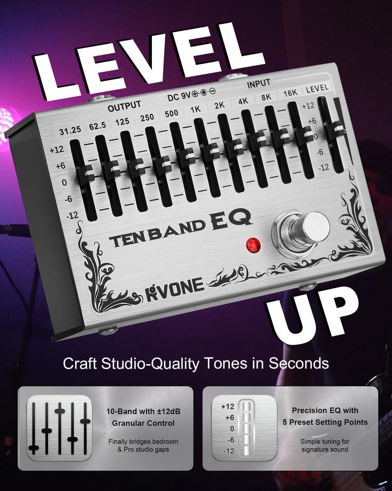 RVONE 10-Band Equalizer Pedal | Low-Noise EQ Pedal for Guitar, Bass & Pedalboards | True Bypass for Pure Signal Effects Chain | Live Stage, Studio Recording & Mixing (31.25Hz–16kHz ±12dB) | Portable - Image 3